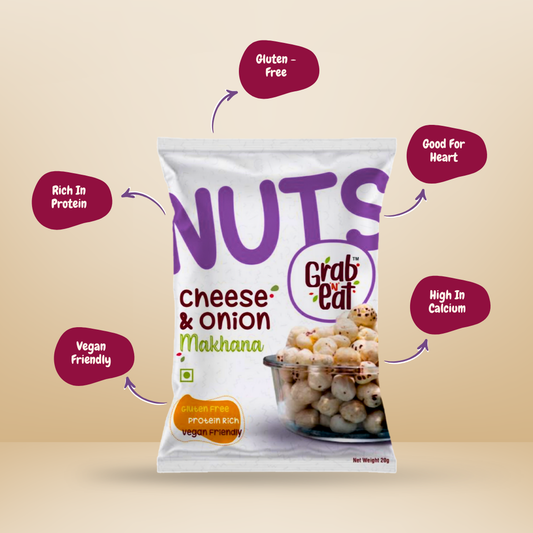 Cheese & Onion Roasted Makhana | Creamy & Savoury Fox Nuts | Healthy Crunchy Snack | Low Calorie High Protein | Grab N Eat