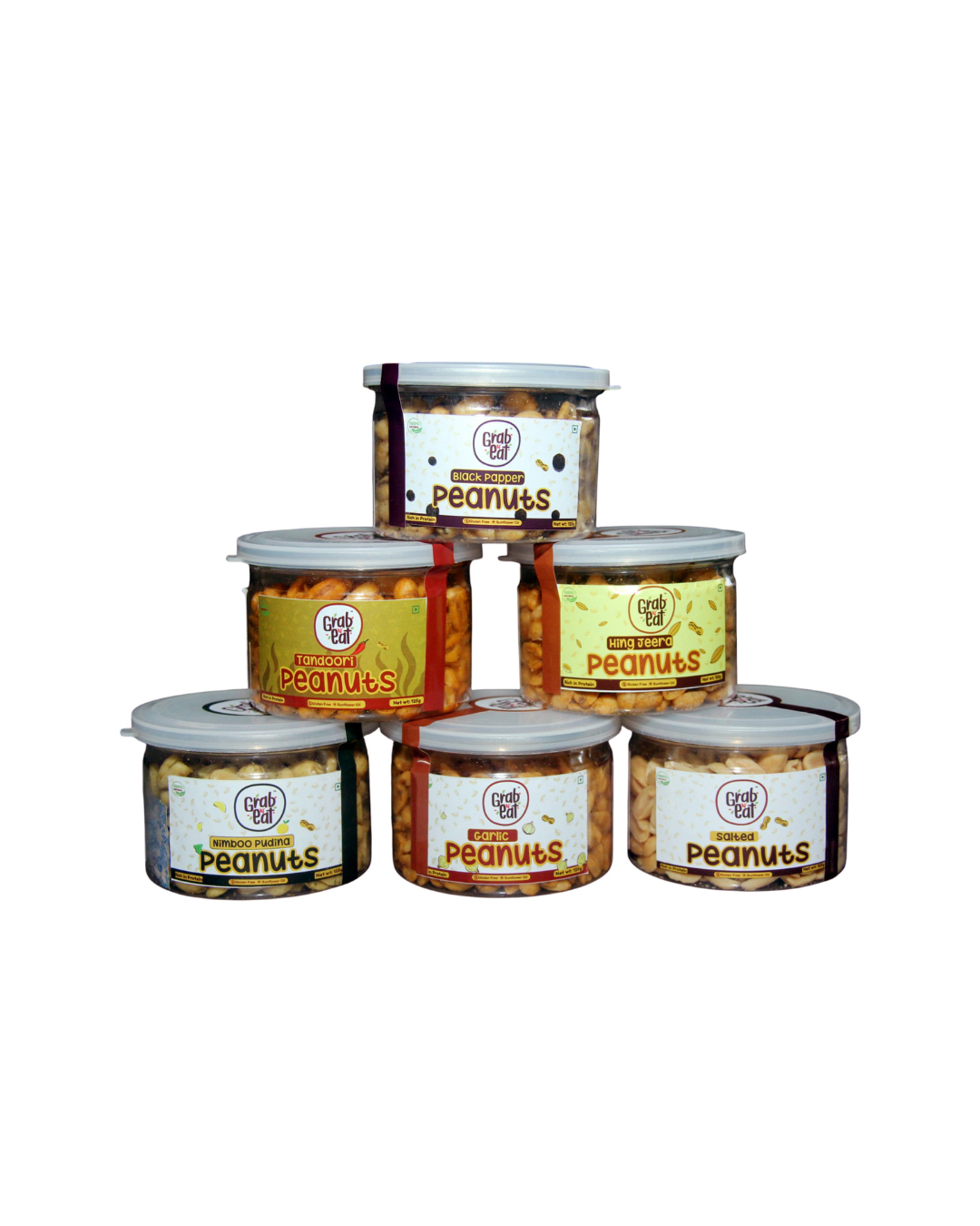 GrabnEAT Assorted Roasted Peanuts | Each 150 gm | Pack of 5 | Tandoori, Nimboo Pudina, Hing Jeera, Black Pepper, Garlic | Total 750g | Flavoured Peanuts | Super Crunchy