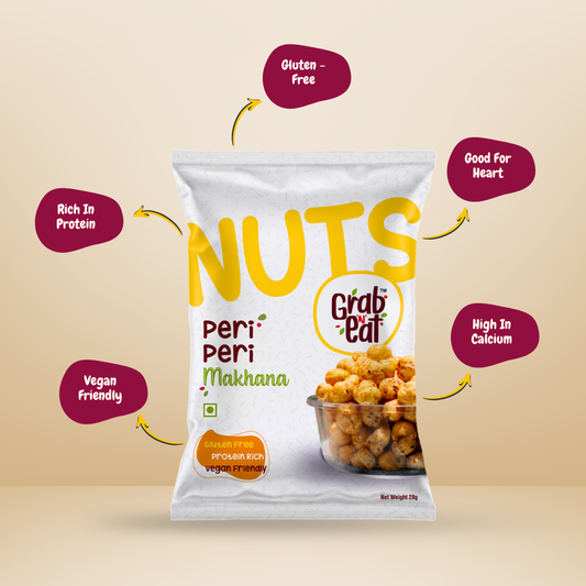 Peri Peri Roasted Makhana | Spicy Tangy Fox Nuts | Healthy Crunchy Snack | Low Calorie High Protein | Grab N Eat