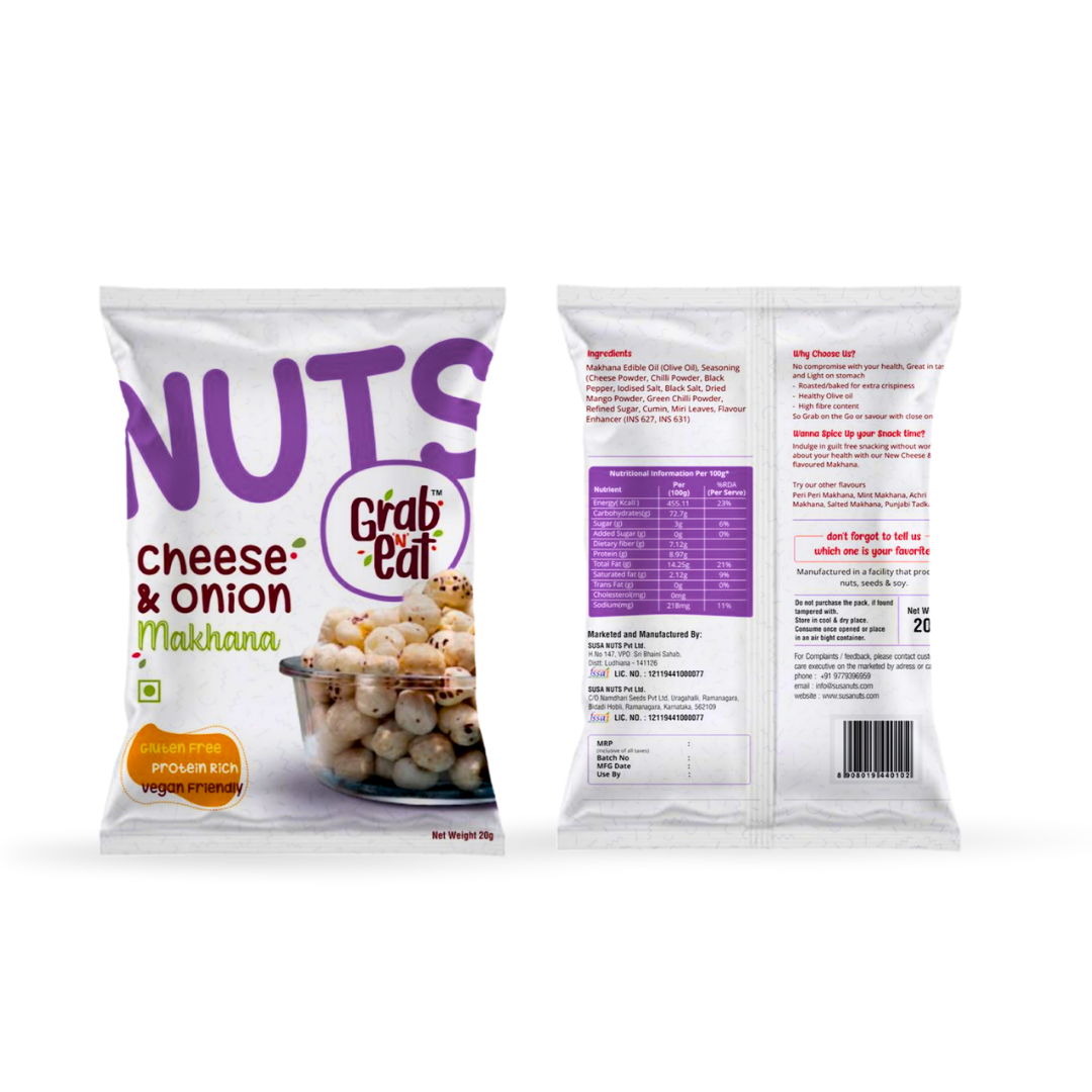 Cheese & Onion Roasted Makhana | Creamy & Savoury Fox Nuts | Healthy Crunchy Snack | Low Calorie High Protein | Grab N Eat