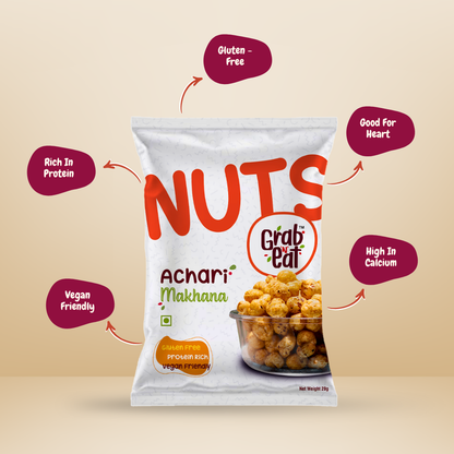 Achari Roasted Makhana | Tangy Pickle Flavour Fox Nuts | Spicy & Chatpata Healthy Snack | Low Calorie High Protein | Grab N Eat