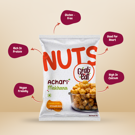 Achari Roasted Makhana | Tangy Pickle Flavour Fox Nuts | Spicy & Chatpata Healthy Snack | Low Calorie High Protein | Grab N Eat