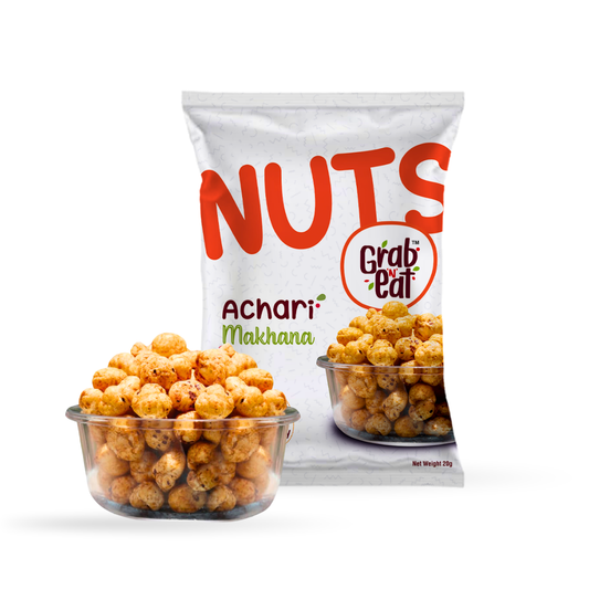 Achari Roasted Makhana | Tangy Pickle Flavour Fox Nuts | Spicy & Chatpata Healthy Snack | Low Calorie High Protein | Grab N Eat