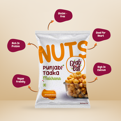 Punjabi Tadka Roasted Makhana | Spicy & Tangy Fox Nuts | Healthy Crunchy Snack | High Protein, Low Calorie | Grab N Eat