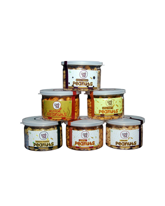 GrabnEAT Assorted Roasted Peanuts | Each 150 gm | Pack of 5 | Tandoori, Nimboo Pudina, Hing Jeera, Black Pepper, Garlic | Total 750g | Flavoured Peanuts | Super Crunchy