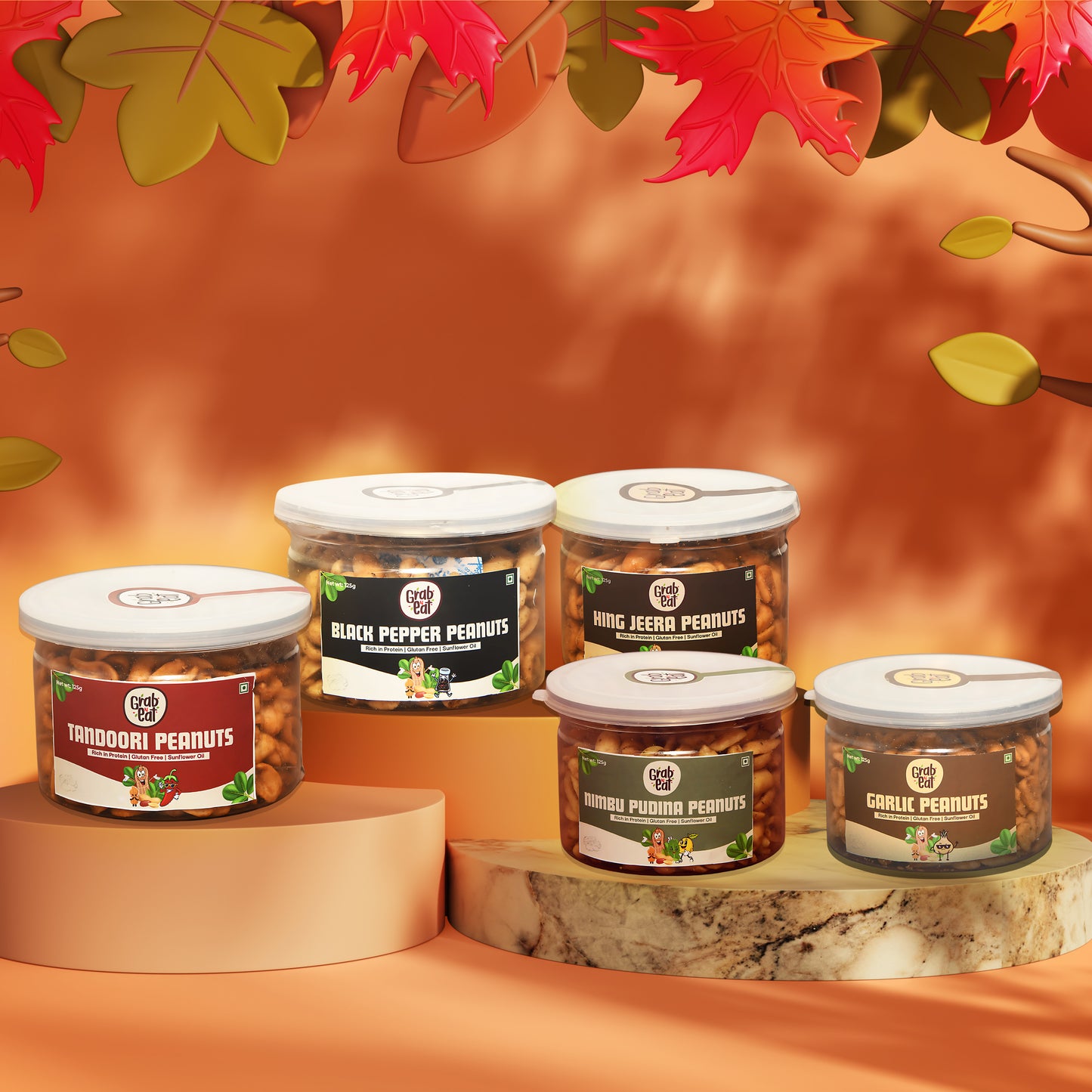 GrabnEAT Assorted Roasted Peanuts | Each 150 gm | Pack of 5 | Tandoori, Nimboo Pudina, Hing Jeera, Black Pepper, Garlic | Total 750g | Flavoured Peanuts | Super Crunchy