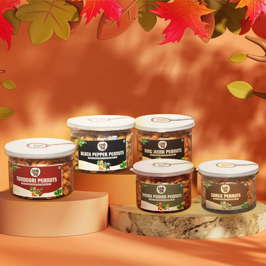 GrabnEAT Assorted Roasted Peanuts | Each 150 gm | Pack of 5 | Tandoori, Nimboo Pudina, Hing Jeera, Black Pepper, Garlic | Total 750g | Flavoured Peanuts | Super Crunchy